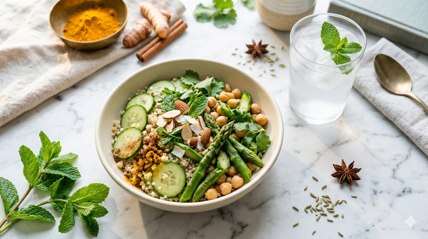 Bowl verde con pepino, hierbas frescas y espárragos