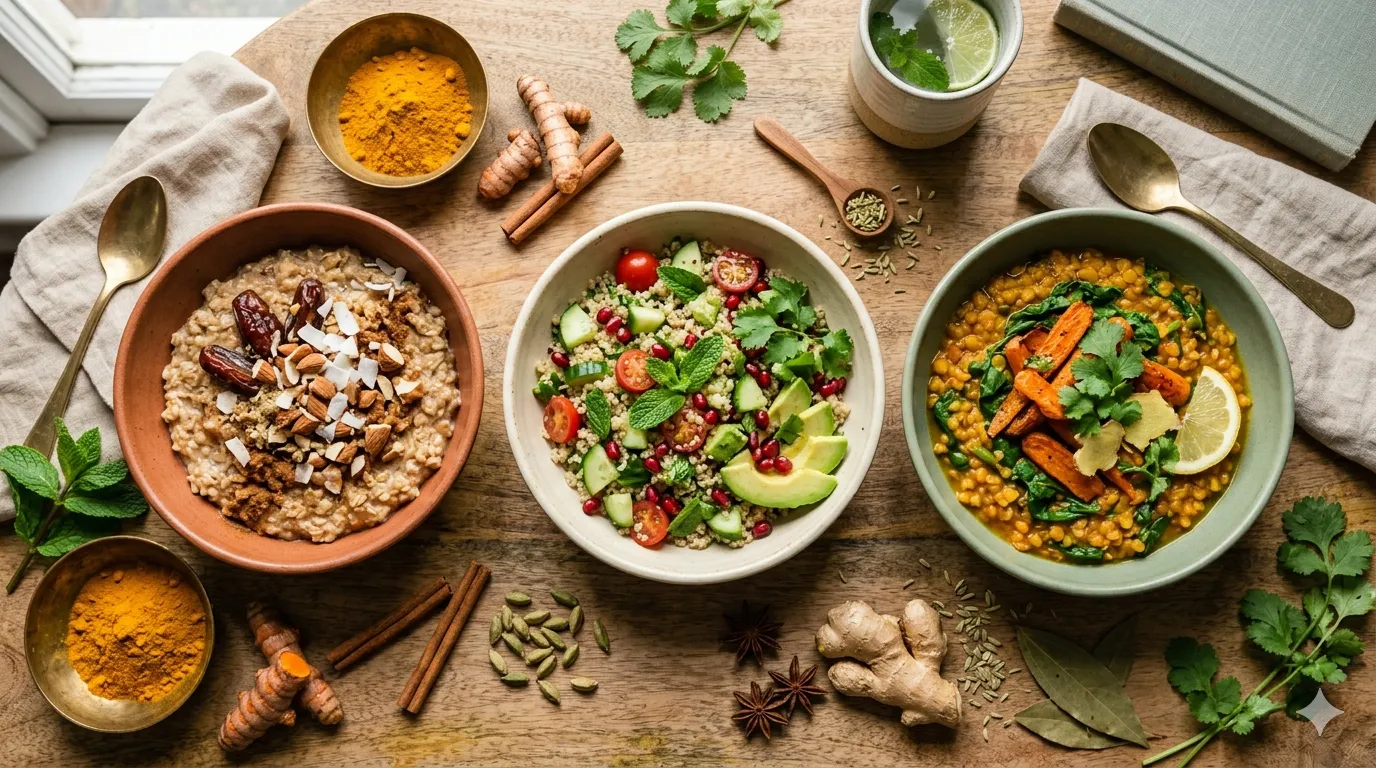Tres bowls ayurvédicos con especias sobre mesa de madera natural, representando la alimentación para los doshas Vata, Pitta y Kapha